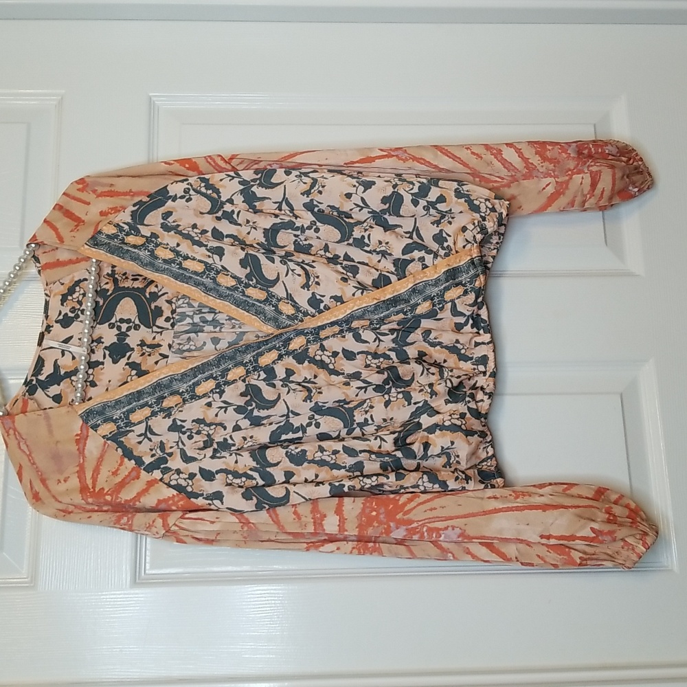 Free People Orange Gray V Neck Flounce Longsleeve Blouse Wrap Printed Shirt Top - Picture 4 of 14